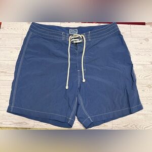 J. Crew Men's Navy Blue Swim Board Shorts with Contrast Stitching
